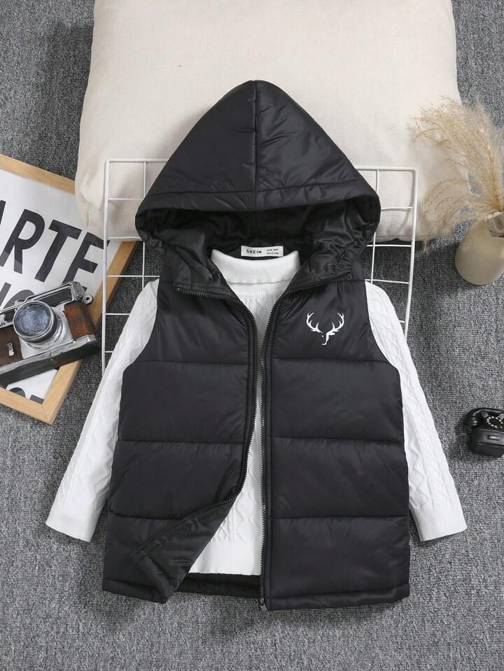 SHEIN Kids EVRYDAY Young Boy 1pc Antler Print Zipper Hooded Vest Puffer Winter Coat | SHEIN