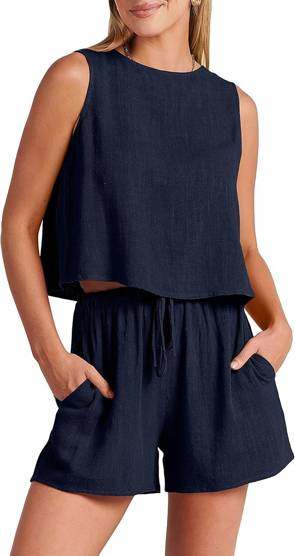 ANRABESS Women’s Summer 2 Piece Outfits Shorts Sets Sleeveless Crop Top Tank and High Waisted S... | Amazon (US)