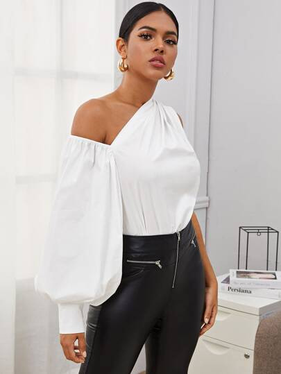 SHEIN Asymmetrical Neck Lantern Sleeve Top | SHEIN