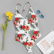 Random Tropical Criss Cross Backless One Piece Swimwear | SHEIN