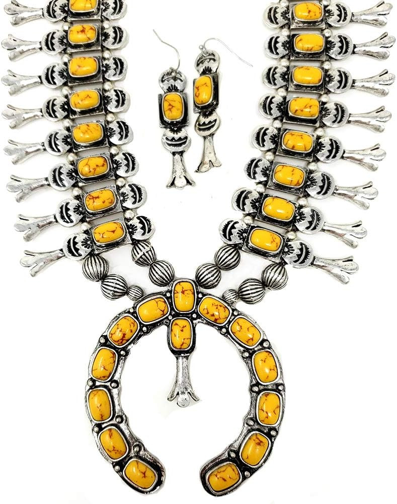Emulily Chunky Western Turquoise Squash Blossom Statement Necklace and Earrings Set Navajo (Yello... | Amazon (US)