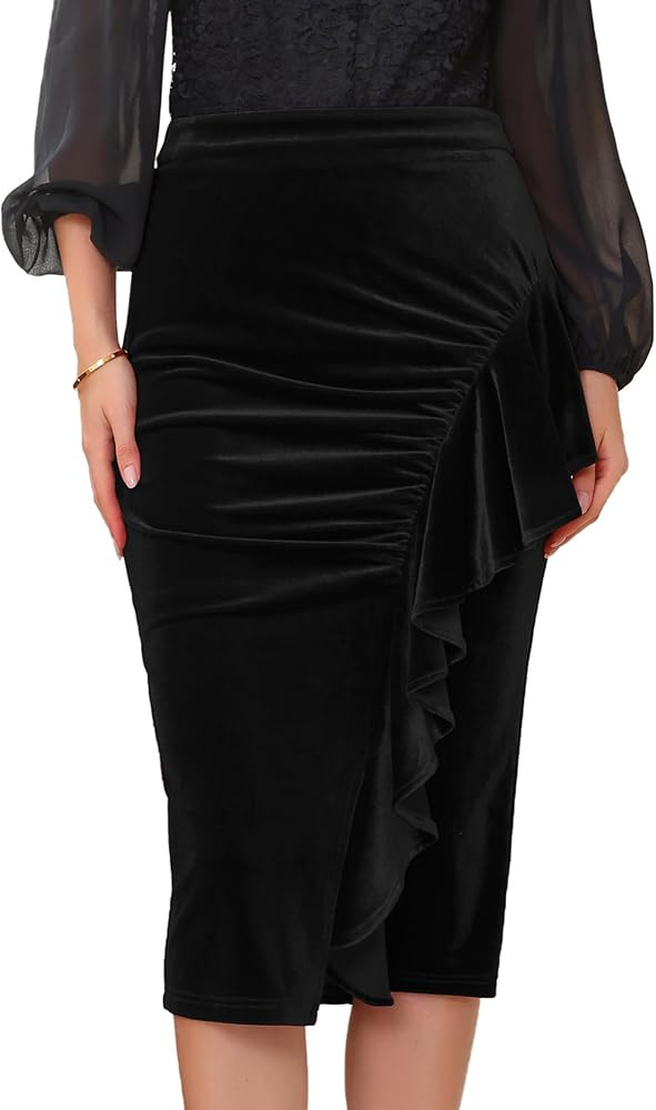 Women's Evening Bodycon Skirt Ruffled Ruched High Waist Formal Cocktail Midi Velvet Skirts | Amazon (US)