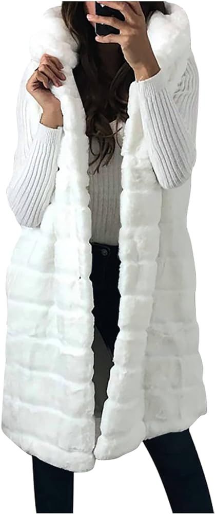 Bidobibo Faux Fur Vest Women with Hood Winter Long Coats Fuzzy Fluffy Jackets Fashion Dressy Vest... | Amazon (US)