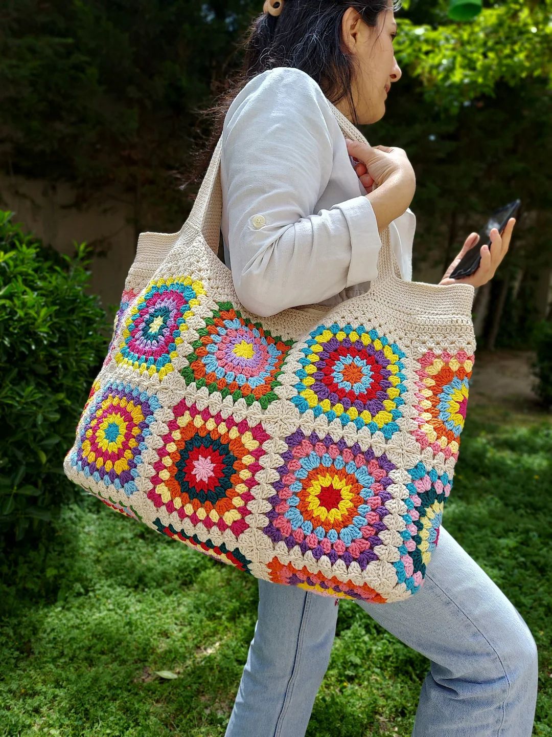 Granny Square Bag, Crochet Handle Bag, Crochet Bag, Boho Bag, Beach Bag, Shoulder Bag, Granny Squ... | Etsy (US)