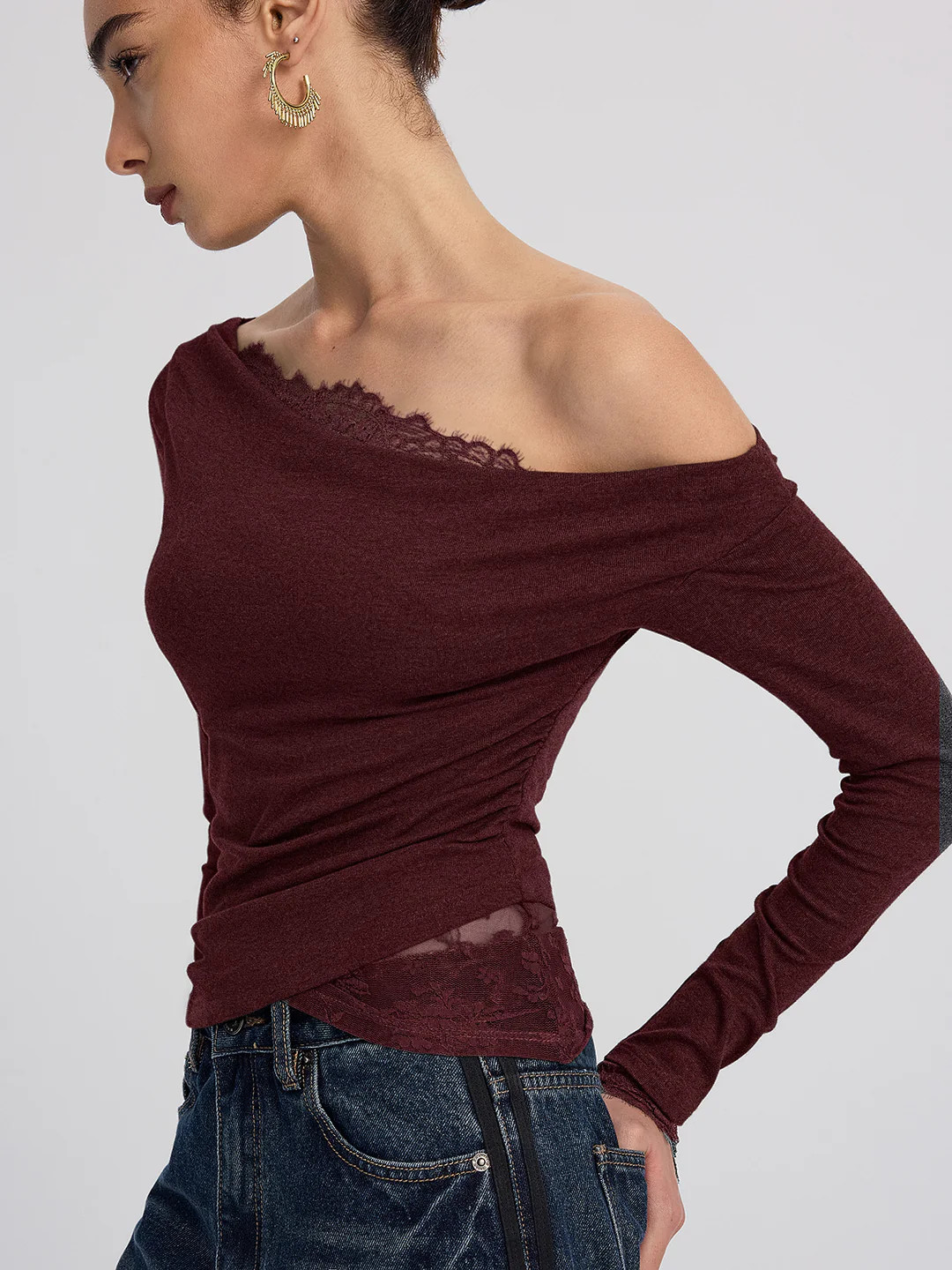 Off-Shoulder Lace-Trim Long-Sleeve Top | Commense