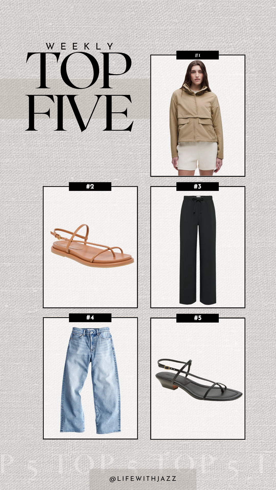 this week's top 5 bestsellers: 

1. lululemon always effortless jacket -- wind & water-resistant 
2. dolce vita strappy sandals -- have a wide footbed + thick padding, now comes in a new chocolate brown color
3. aritzia lodge pants -- the best wrinkle-free + versatile pant (great for travel)
4. madewell the pv crop wide leg jeans 
5. madewell maycie strappy low-heeled sandal 

 #LTKSeasonal