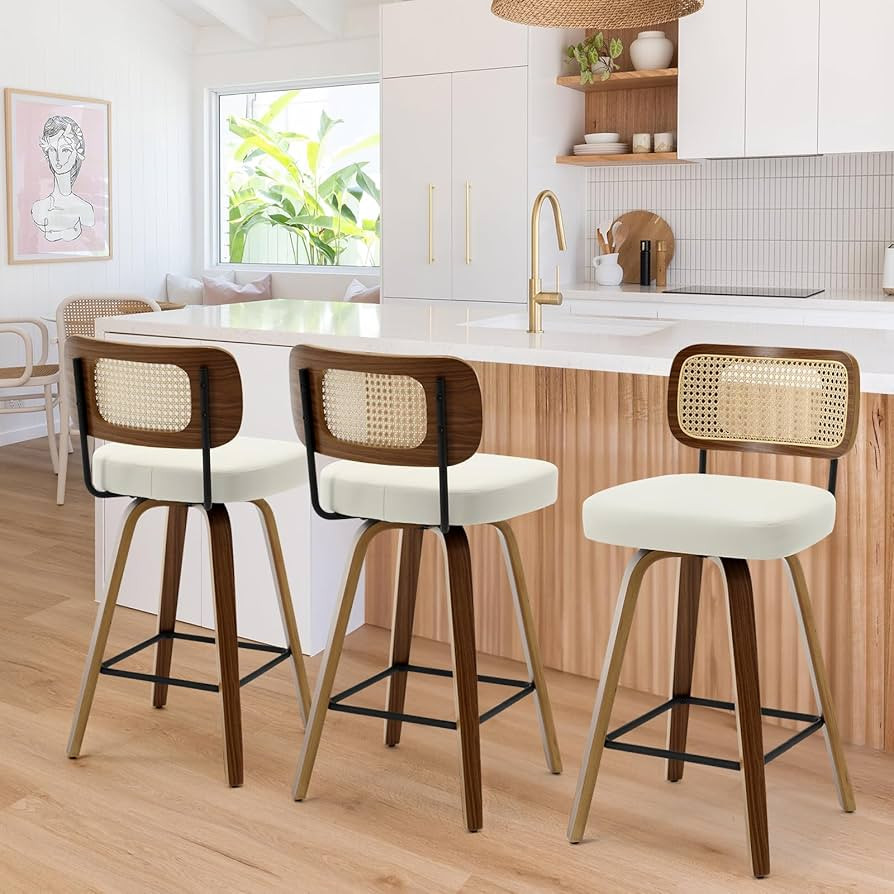 Swivel Counter Height Bar Stools Set of 3, Upholstered Faux Leather Barstools with Rattan Back, 2... | Amazon (US)