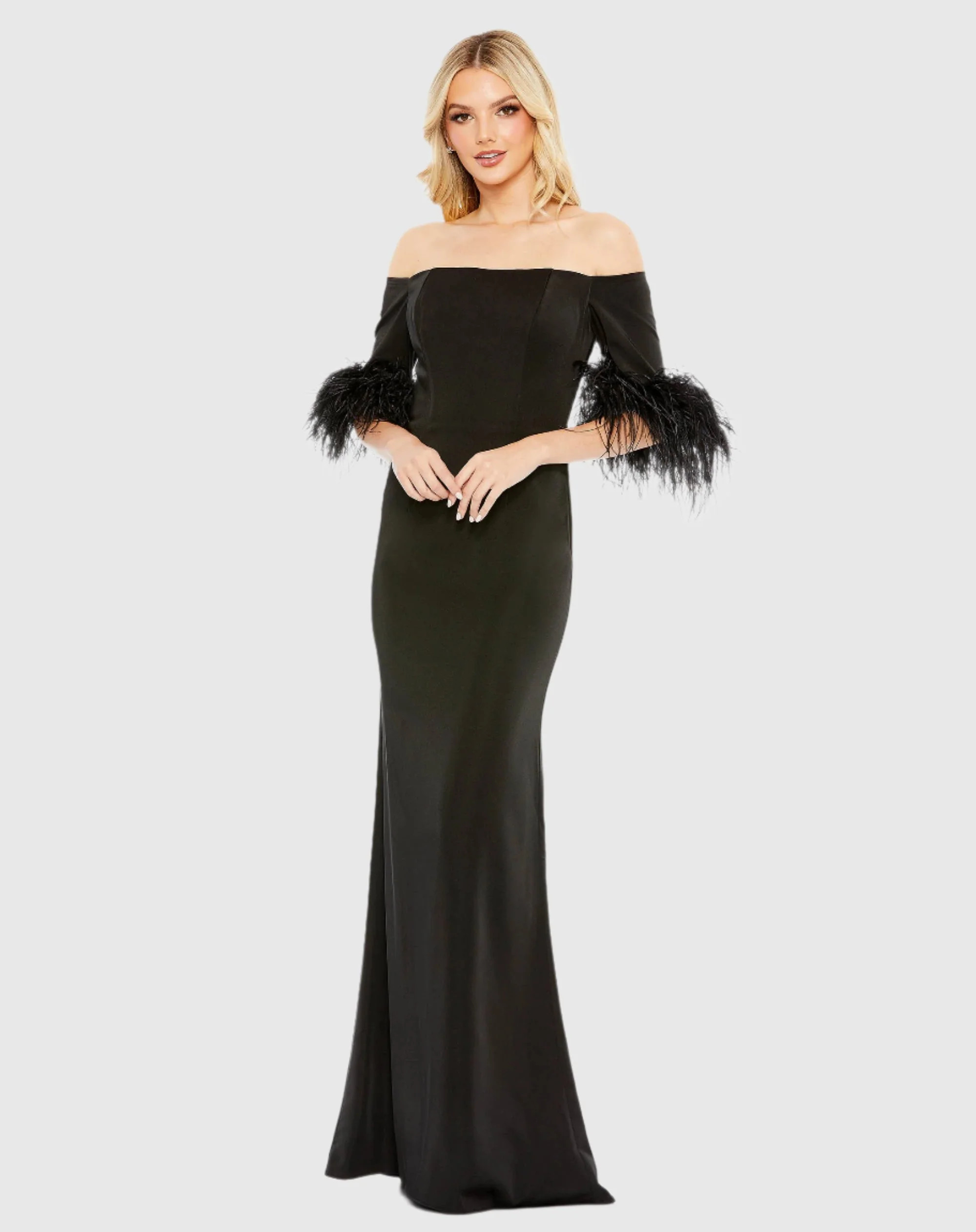 Black Feather Trim Off The Shoulder Column Gown | Mac Duggal