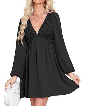 BerryGo Women's Casual Long Sleeve Babydoll Flowy Dress V Neck Swing Party Mini Dress with Pocket... | Amazon (US)