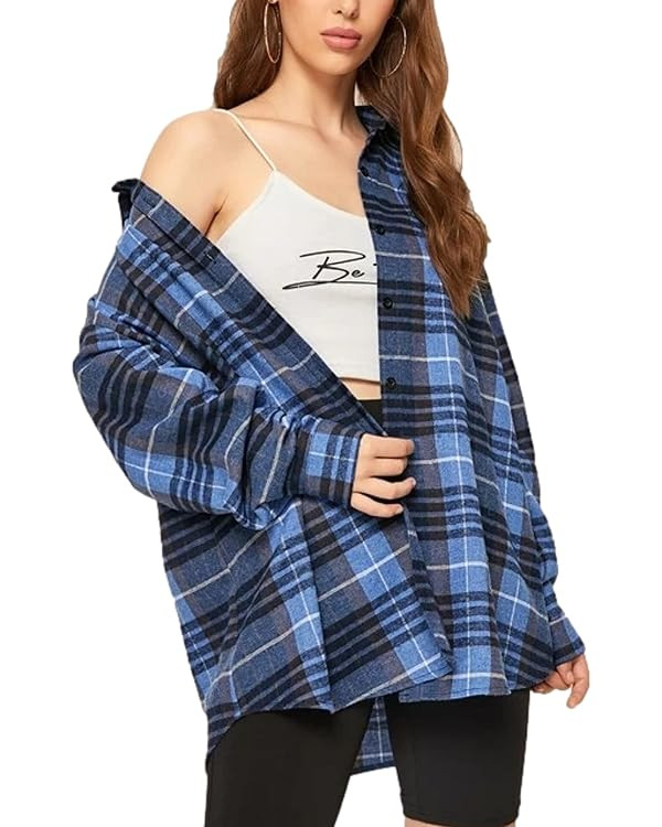 HangNiFang Womens Flannel Plaid Shirts Oversized Button Down Shirts Blouse Tops | Amazon (US)