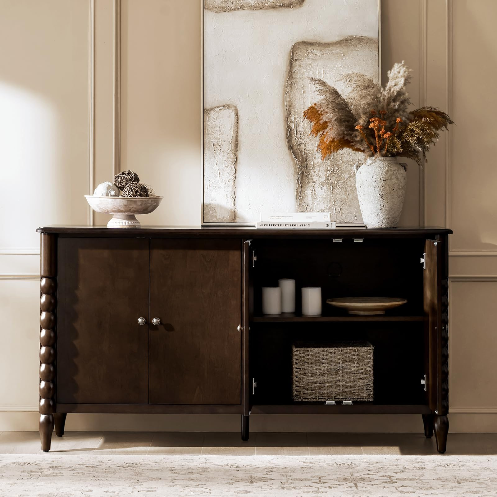 HULALA HOME Transitional Sideboard Cabinet with Spindle Design, 60" Storage Cabinet with 4 Doors,... | Amazon (US)