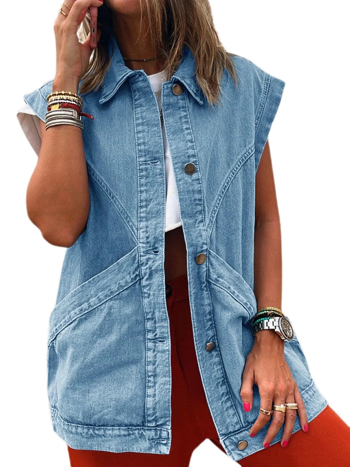 Womens Oversized Sleeveless Denim Vest Classic Button Down Jean Vest Casual Utility Lapel Jean Jacket | Walmart (US)