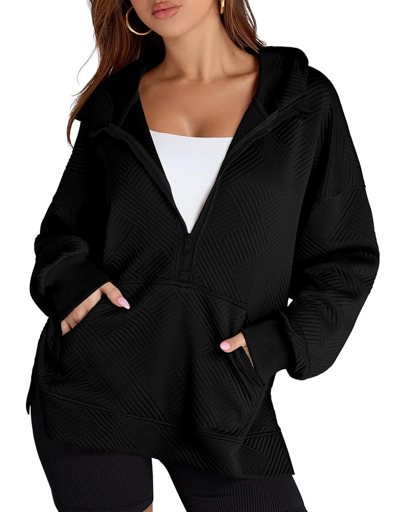 LOMON Womens Oversized Half Zip Hoodies Long Sleeve Textured Casual Sweatshirts Loose Fall Pullov... | Amazon (US)