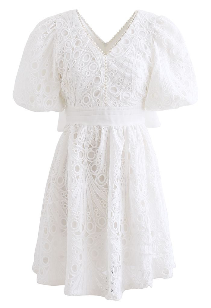 Scallop Crochet Pearl V-Neck Dress | Chicwish