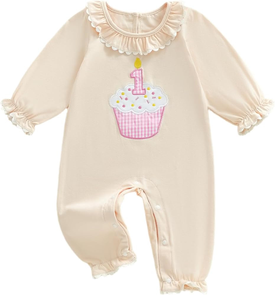 GOOCHEER First Birthday Baby Girl Outfit Fall 1 Cake Embroidery Ruffle Long Sleeve Romper Jumpsui... | Amazon (US)
