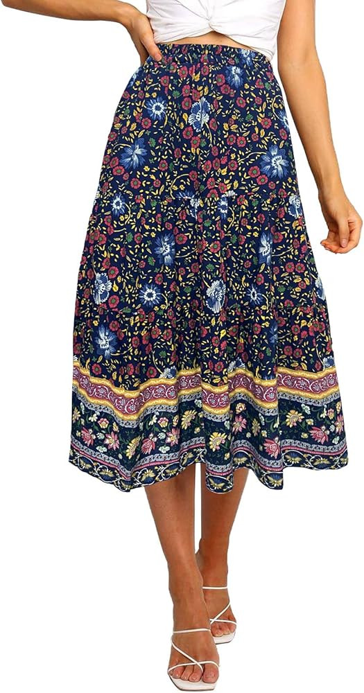 MEROKEETY Women's Boho Leopard Print Skirt Pleated A-Line Swing Midi Skirts | Amazon (US)