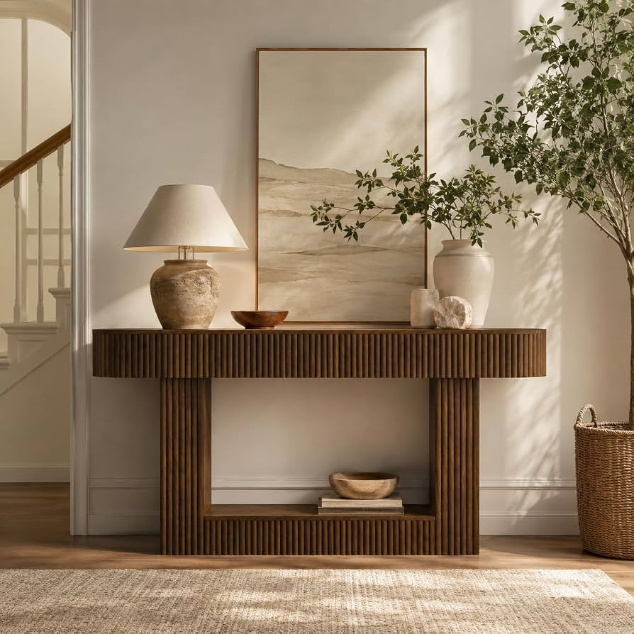 Amazon.com: KEIKI 62.9" Farmhouse Console Table, Fluted Wood Entryway Table with Open Shelf, Long Sofa Table Behind Couch, Rustic Hallway Accent Table for Living Room, Narrow Corridor Display Table, Woodgrain : Home & Kitchen | Amazon (US)