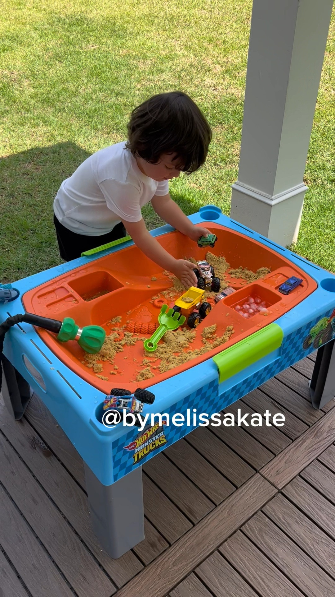 Epic Monster Truck Water & Sand Table!! Three in one - includes an arena with jumps and spots for ice and warm water to change the color of the included truck. Use as a sensory bin if you take out the insert. Or a race track on top. 