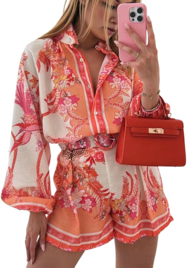 ksotutm Womens 2 Piece Outfits Boho Lantern Sleeve Button Down Floral Print Shirt Shorts Tracksui... | Amazon (US)