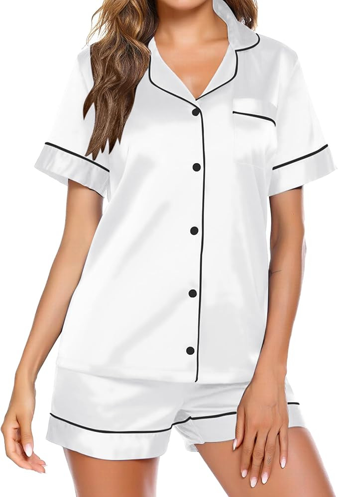 Ekouaer Satin Pajamas for Women Button Down Sleepwear Soft Silk Loungewear Short Sleeve Top and S... | Amazon (US)