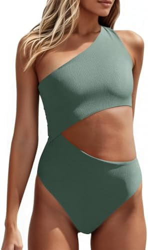 Women's One Piece Ribbed Swimsuit One Shoulder Cutout Swimwear Sexy Bathing Suit | Amazon (US)