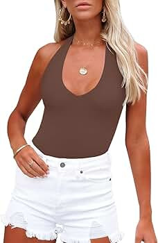 REORIA Women's Sexy Casual Halter V Neck Sleeveless Backless Slimming Y2k Tank Top Bodysuits | Amazon (US)