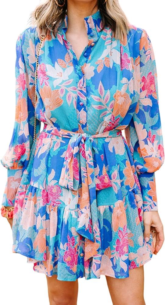 Women's Casual Long Sleeve Floral Printed Tiered Mini Dress | Amazon (US)