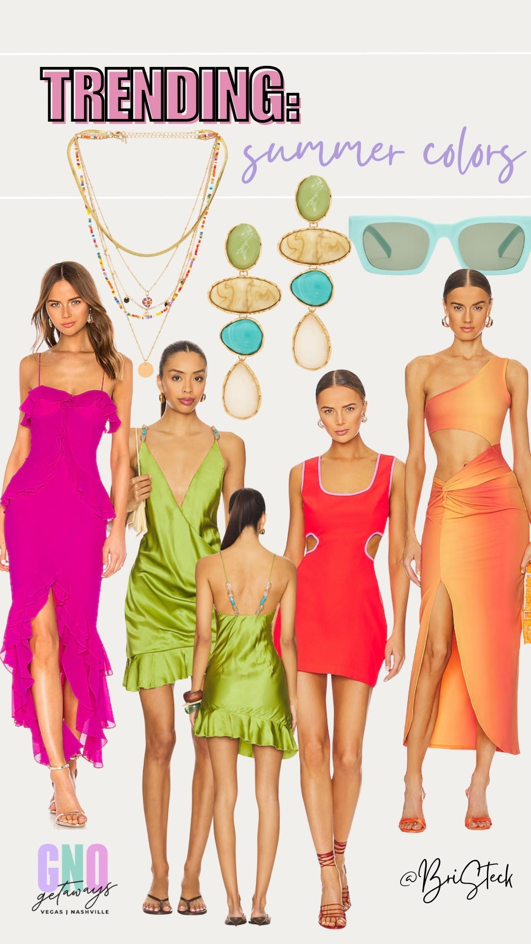 If you know me - you know I love wearing color year round, but something about a bright color in the summer is just so fun. I found these gorgeous dresses and fun accessories at Revolve! The embellished straps on the back of the green dress caught my eye immediately. What is your favorite color to wear? ☀️ 

#nightout #girlsnight #nightoutdresses #colorfuldress #sunnies #earrings #summer #jewlery #vegas #lasvegas #nashville #travel #bachelorette

#LTKSeasonal #LTKTravel #LTKStyleTip