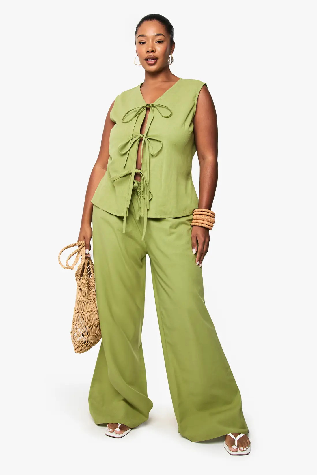 Olive Plus Tie Front Sleeveless Top And Paperbag Trouser Co-ord | Boohoo USA | boohoo (US & Canada)