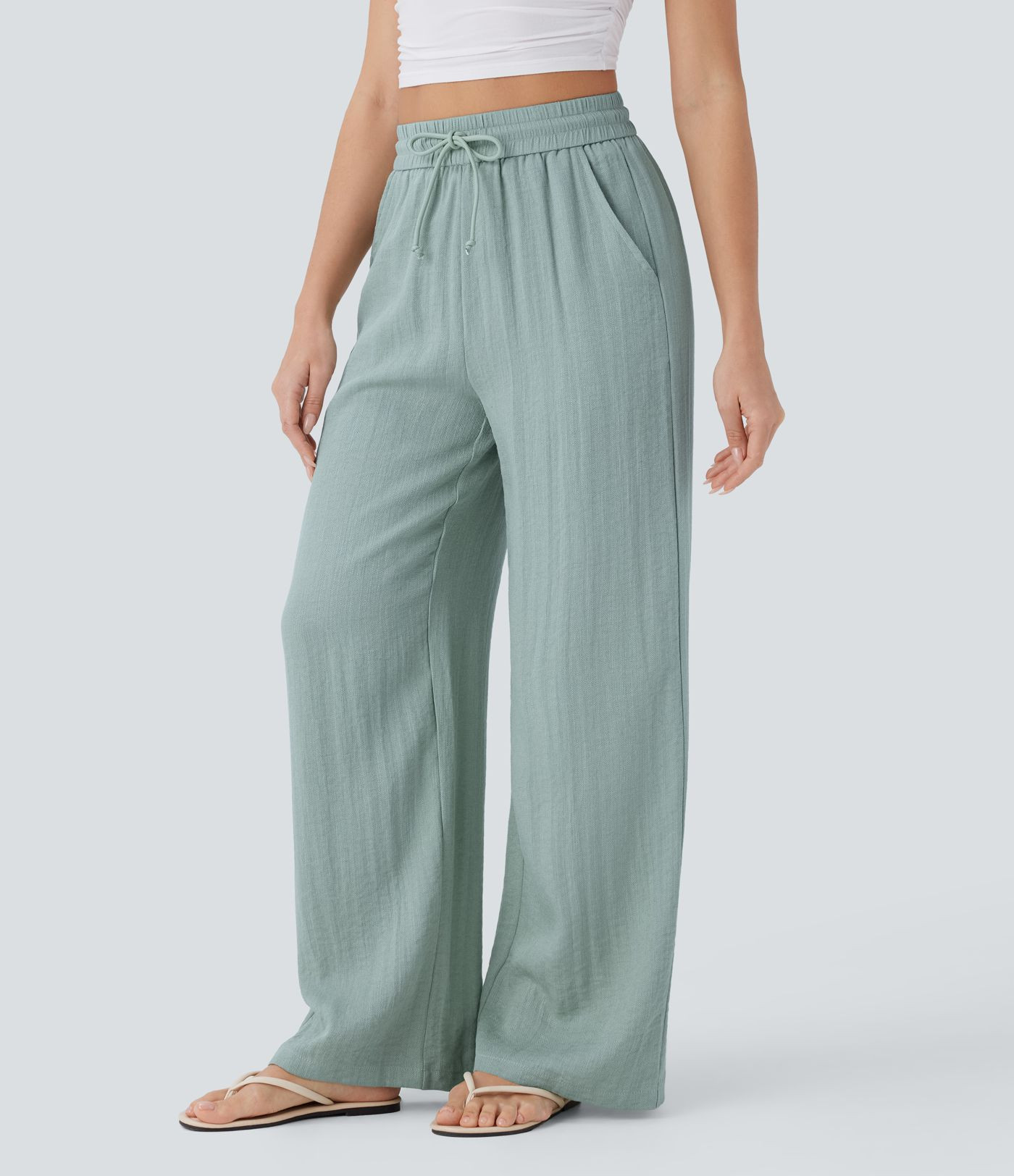 Women\u2019s High Waisted Drawstring Pocket Wide Leg Baggy Casual Linen-Feel Pants - Halara | HALARA