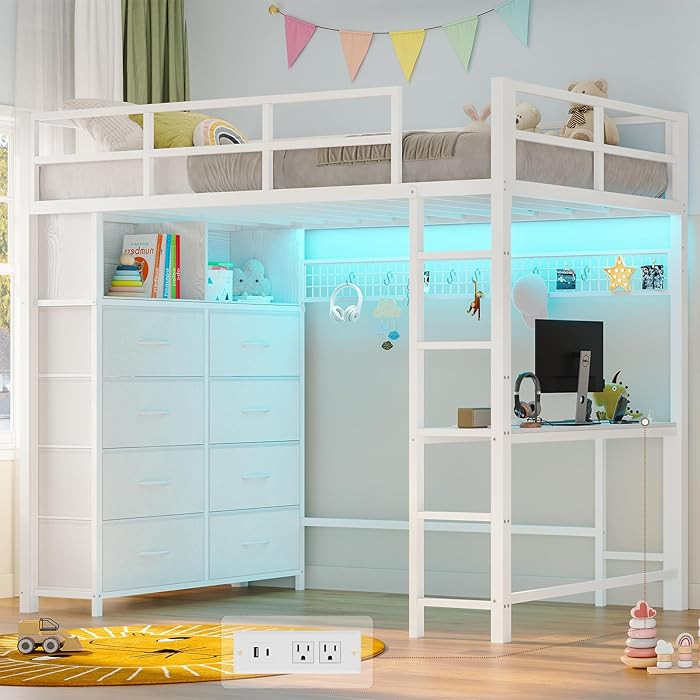 ADORNEVE Twin Size Loft Bed with Desk and 8 Storage Drawers, Metal Kids Loft Bed Twin with LED Li... | Amazon (US)