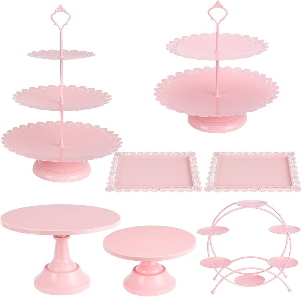 7Pc Cake Stand Pink Dessert Table Display Set Metal Round Tiered Pink Cupcake Stand Macaron Ferri... | Amazon (US)