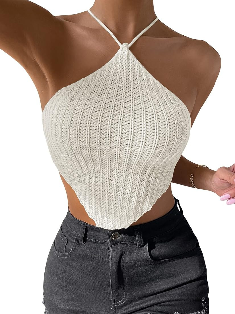 Cozyease Women's Halter Backless Crop Top Asymmetrical Hem Cami Tank Top | Amazon (US)