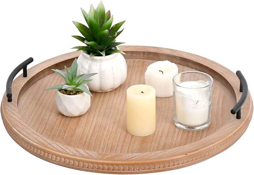 SwallowLiving 18Inch Brown Wooden Beaded Serving Tray with Handle Decorative Rustic Tray for Coff... | Amazon (US)