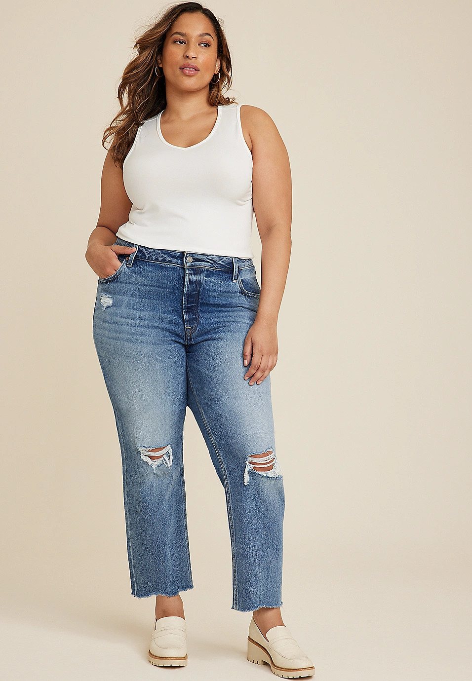 Plus Size Goldie Blues™ Brooklyn Relaxed Curvy High Rise Ripped Straight Jean | Maurices