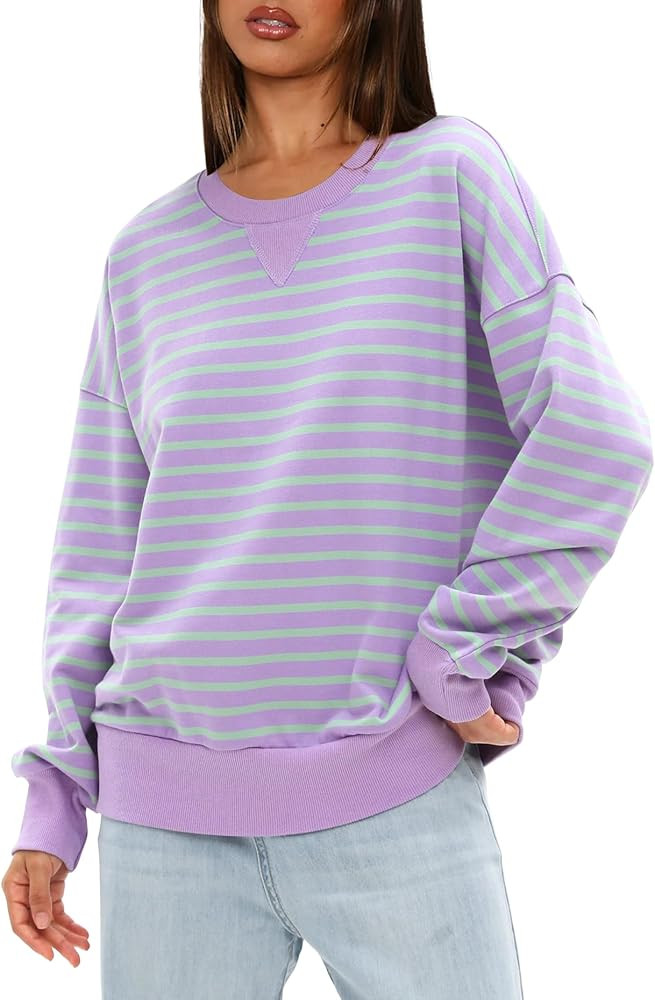Darong Women Oversized Striped Color Block Long Sleeve Crew Neck Sweatshirt Casual Cotton Pullove... | Amazon (US)