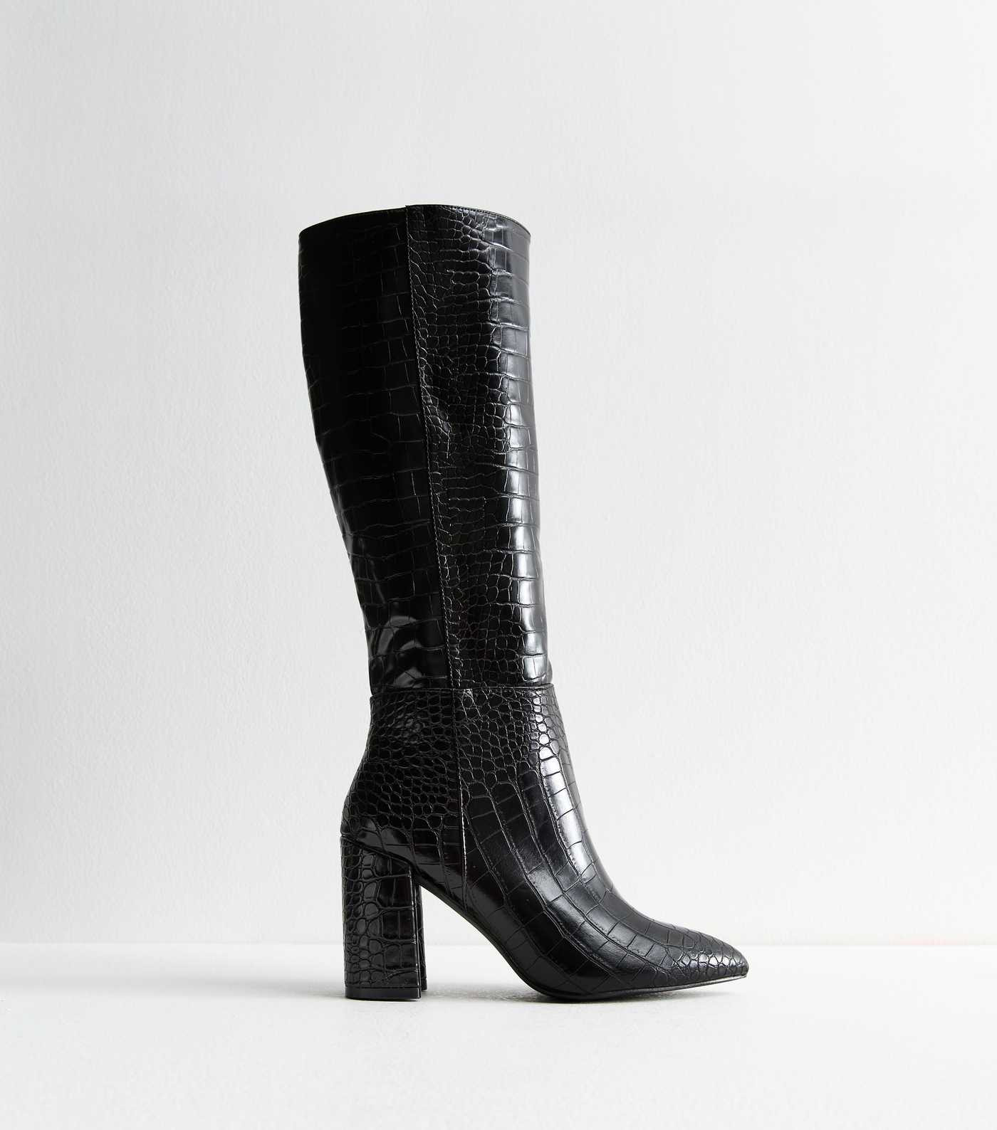Public Desire Black Croc Effect Faux Leather Knee High Boots | New Look | New Look (UK)