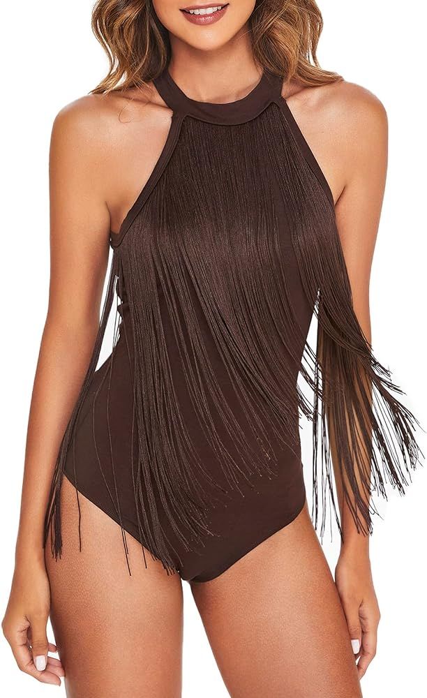 Verdusa Women's Fringe Trim Sleeveless Bodycon Halter Bodysuit Top | Amazon (US)