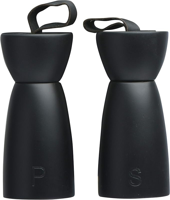 Bloomingville Black Rubber Wood Mill with Leather Handle (Set of 2) Salt and Pepper Shakers | Amazon (US)