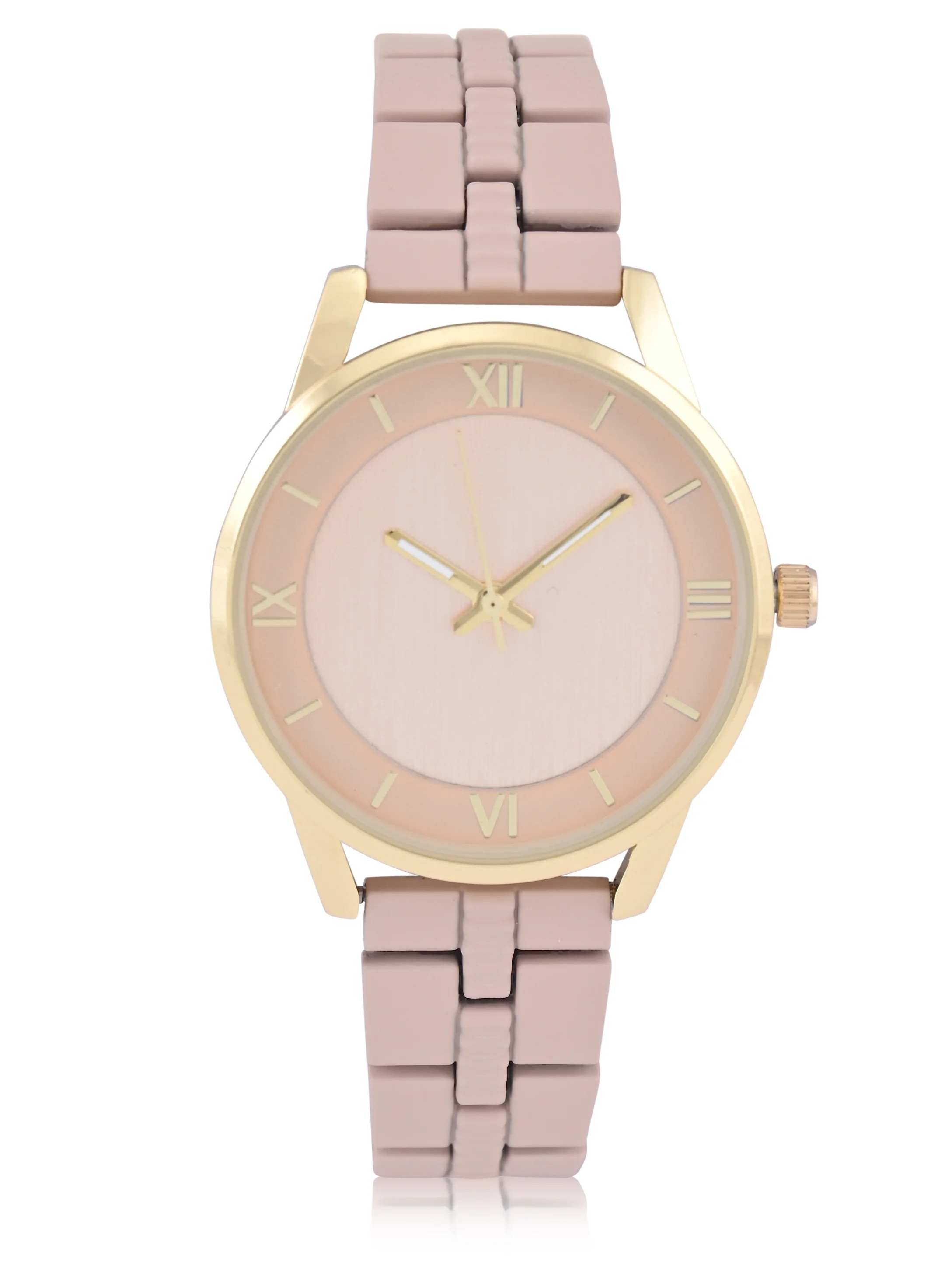 Time and Tru Adult Women's Gold-Tone Round Case Wristwatch with Light Pink Faux Ceramic Link Brac... | Walmart (US)
