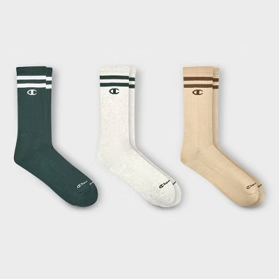 Champion Authentic Originals Men's 3pk Varsity Cushion Crew Socks - Green/Cream/Tan 6-12 | Target