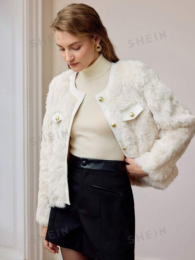 MOTF PREMIUM FAUX FUR FLAP DETAIL GOLD COLOR BUTTON COAT | SHEIN | SHEIN