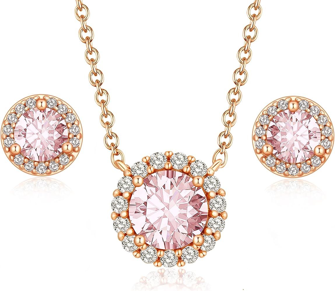 Gloffery 18K Rose Gold Jewelry Set with Created-Morganite, Round Solitaire Dainty Halo Pendant Ne... | Amazon (US)