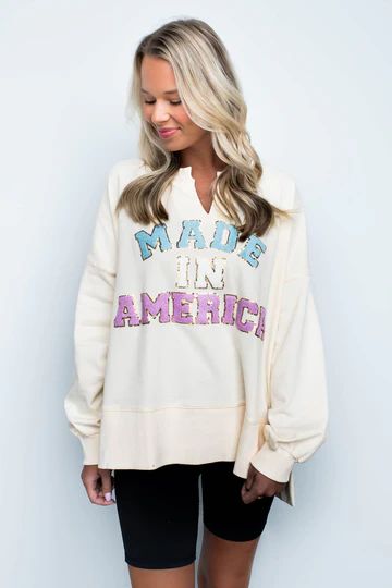 Made In America Patch Split Neck Sweatshirt | Apricot Lane Boutique