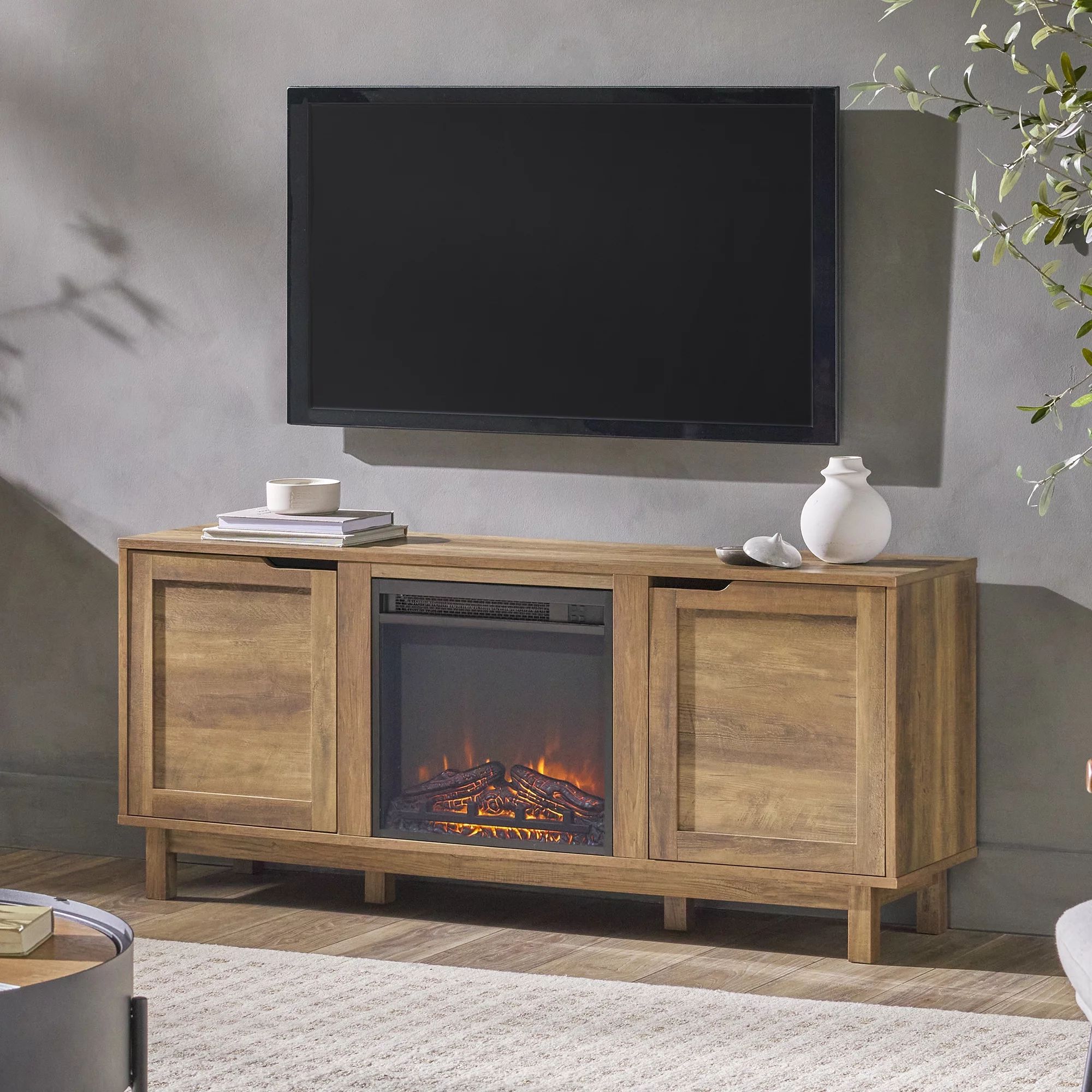 Walker Edison Transitional 2-Door Fireplace TV Stand for TVs up to 65”, Reclaimed Barnwood | Walmart (US)
