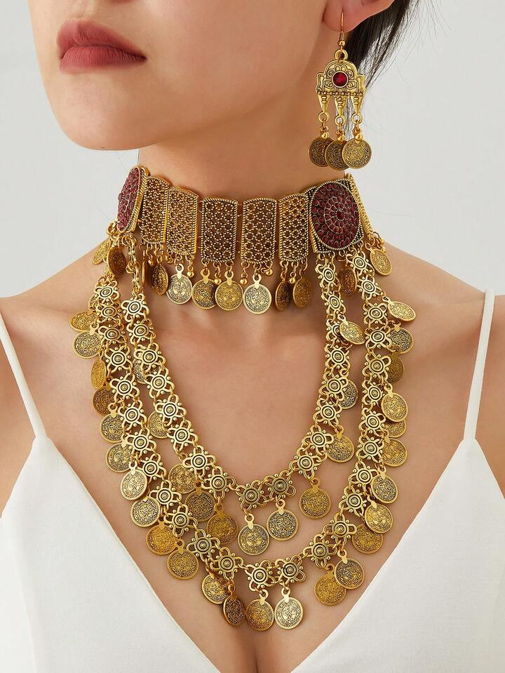 1pc Fashionable Exaggerated Coin Statement Necklace & 1 Pair Coin Earrings Sets, South Asian Style, Suitable For Various Outfits, Parties, Gifts | SHEIN