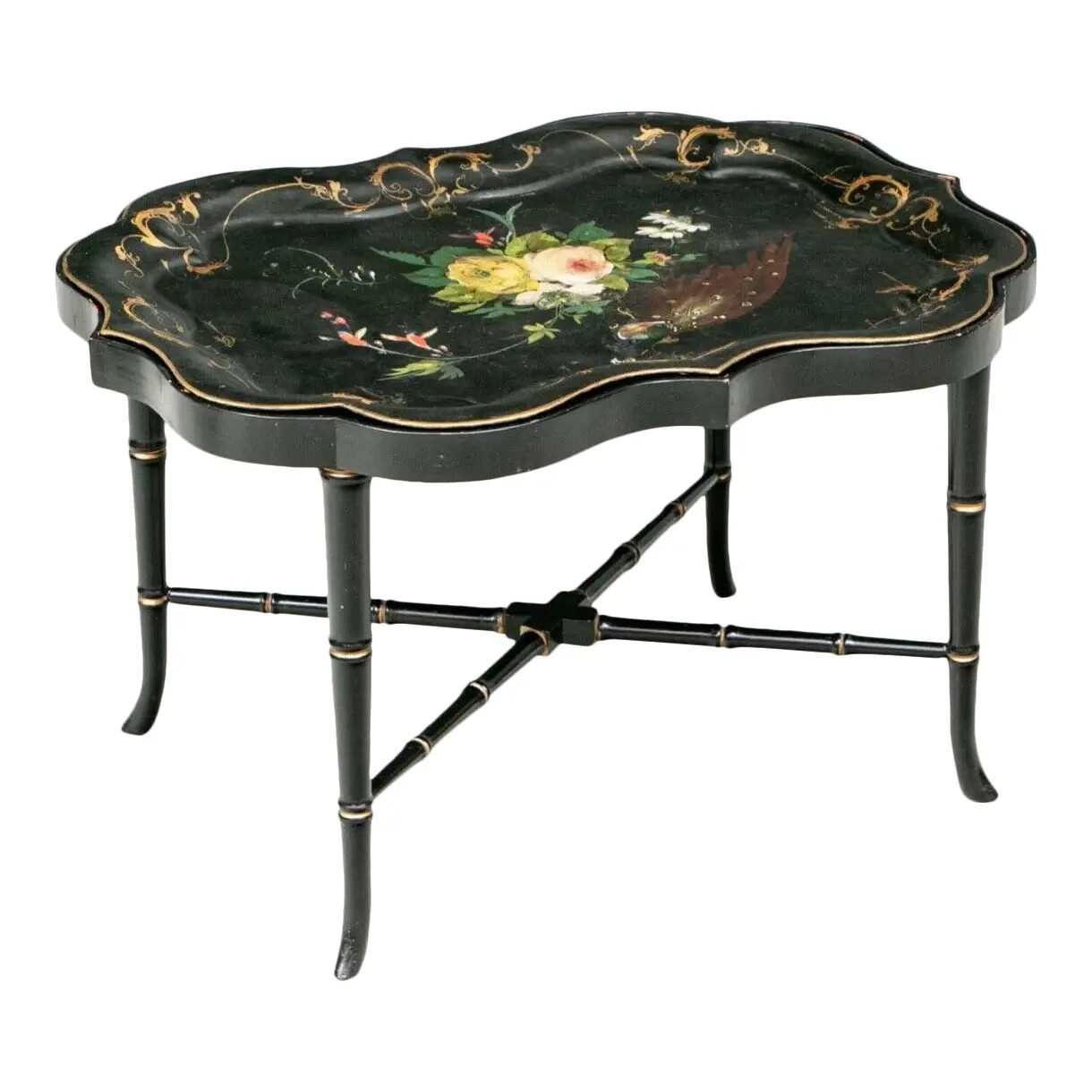 19th Century Polychrome Black Lacquer Tole Tray Table | Chairish