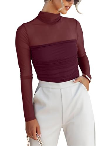 REORIA Women’s Trendy Sexy Mock Turtle Neck Long Sleeve Sheer Mesh Ruched Going Out Bodysuits Tops Burgundy Large | Amazon (US)