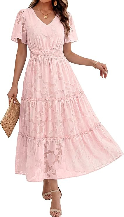 Caracilia Women's Summer Short Sleeve Floral Maxi Dress | Boho V Neck Flowy Casual Long Midi Dres... | Amazon (US)