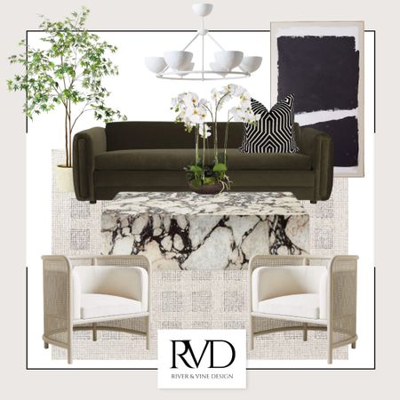 Indulge in luxury and elevate your living space with our contemporary moodboard featuring a stunning olive green velvet sofa, sleek marble coffee table, and chic rattan chairs. Perfectly paired with contemporary artwork, this space exudes sophistication and comfort. Create your own oasis and make your home the envy of all your guests. #luxuryliving #contemporarydesign #homedecor #interiordesign